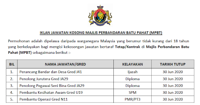 Permohonan Jawatan Kosong di Majlis Perbandaran Batu Pahat 