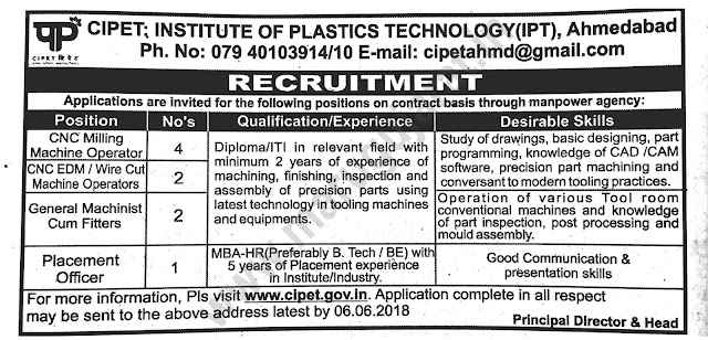 CIPET - Institute of Plastics Technology (IPT), Ahmedabad Recruitment for Various Posts 2018