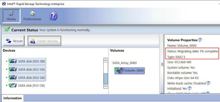 Dashboard Intel RSTe - Status migrasi RAID 1 ke RAID 5dd caption