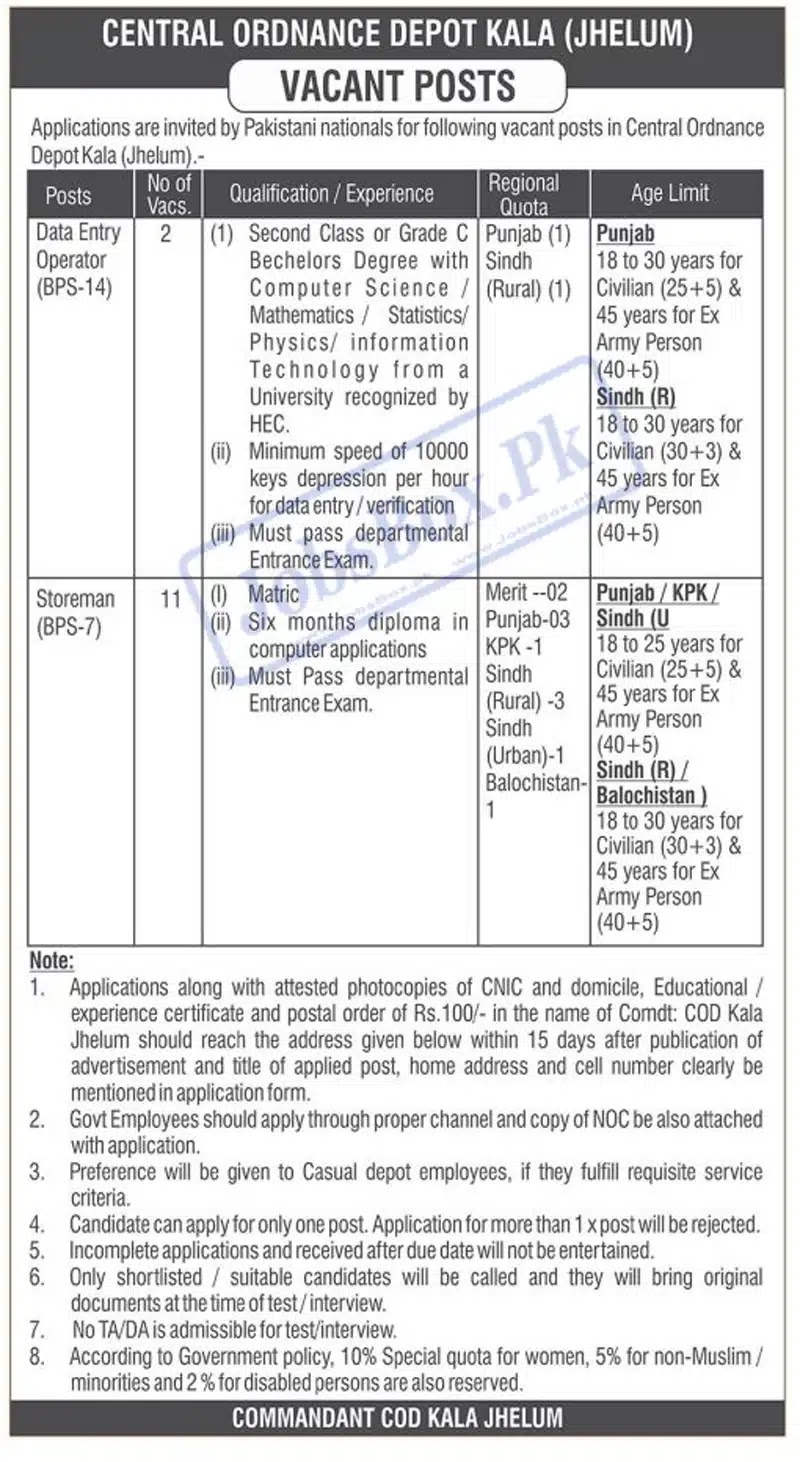 Pakistan Army Central Ordnance Depot COD Jobs 2023 - Latest Advertisement