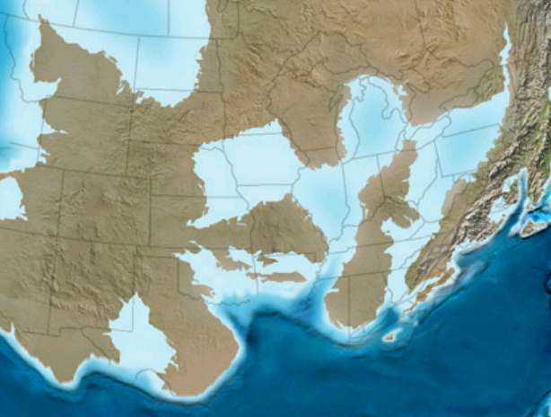    وتظهر هذه الخريطة ما يعتقد الجيولوجيون بدت الأرض مثل 385 مليون عمر سنة خلال العصر الديفوني الوسطى (مع الخطوط العريضة للدول اليوم) أشار أيضا هي المسطحات المائية التي احتلت ميشيغان الأبلاش وإلينوي أحواض المناطق مع طبقات سميكة من الصخور الرسوبية التي تحتوي على الأحفوري الوقود بما في ذلك الغاز الصخري