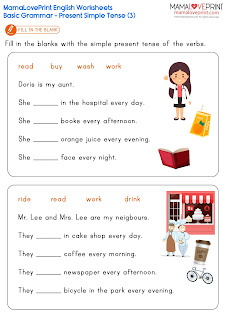 MamaLovePrint . Grade 1 English Worksheets . Basic Grammar (Verbs - Present Simple Tense) PDF Free Download