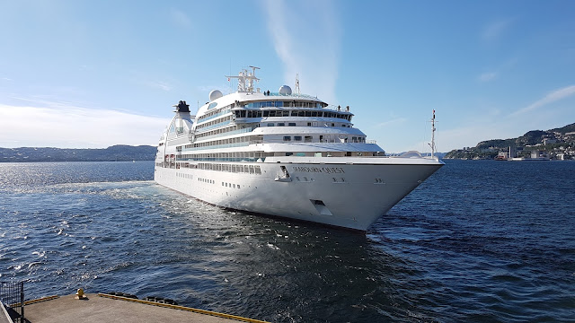 Luxury cruise ship Seabourn Quest in Bergen, Norway; Fjords cruise; Ships in Bergen