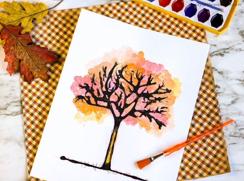 Autumn tree watercolor painting for kids