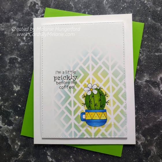 I'm a little prickly before my coffee by Melanie H. features Cuppa Cactus by Newton's Nook Designs; #inkypaws, #newtonsnook, #coffeelovers, #coffeecards, #cardchallenges, #cardmaking