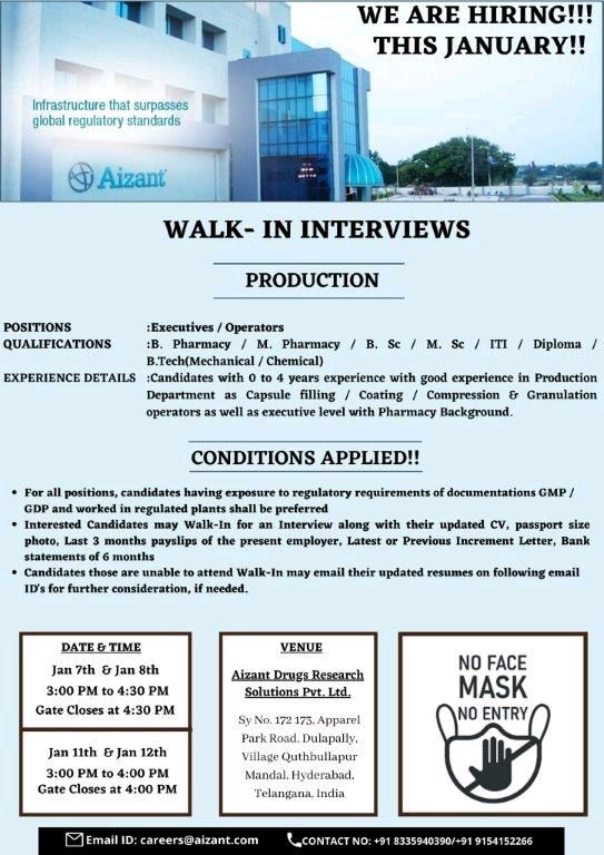 Aizant Pharmaceuticals | Walk-in for Production on 7&8th and 11&12th Jan 2021