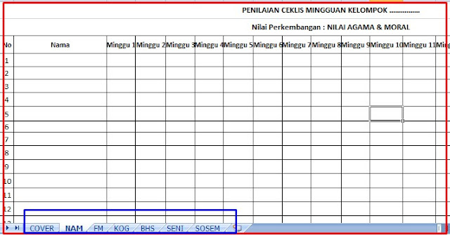 FORMAT PENILAIAN CEKLIST MINGGUAN PAUD TAHUN PELAJARAN 2018/2019