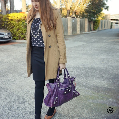 awayfromblue instagram trench coat printed blouse black ponte pencil skirt purple bag