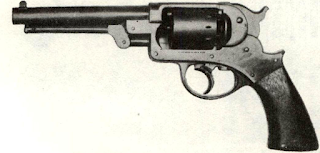 Regular Army .44 DA Starr was full blued on frame as well as barrel and cylinder. Inspector’s stamp on both sides of grip denotes acceptance and delivery to the U.S., but some exist having only one grip mark. These may be partially inspected, but not accepted by Hagner’s suspending work until Holt and Owen adjudicated the case. Widget slides on false trigger, is means for releasing hammer by pressing against real trigger stub at back of guard.