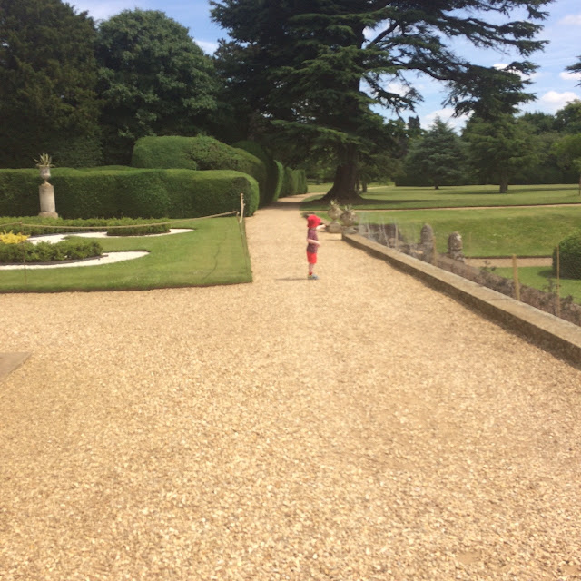 Child standing on a gravel path among the gardens