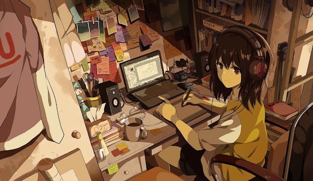 Anime Girl & Computer PC Desktop Wallpaper