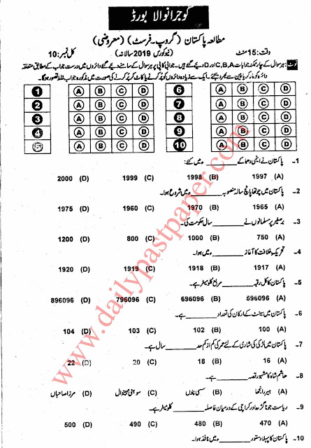 Past Paper Pak Study 2nd Year 2019 Objective Gujranwala Board