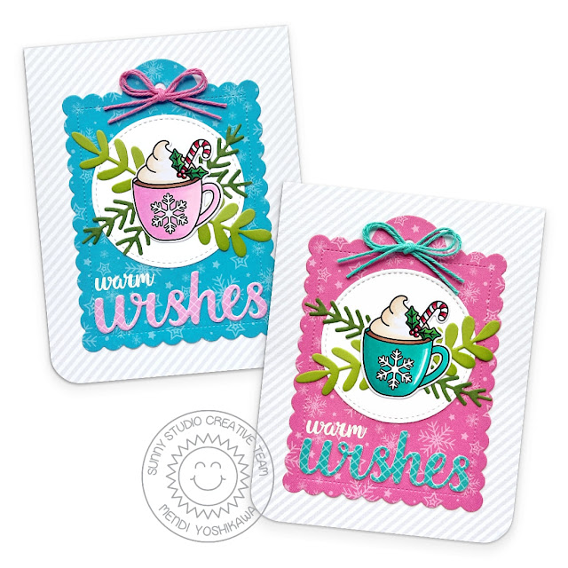Sunny Studio Warm Wishes Hot Cocoa Mug Holiday Cards (using Merry Mocha Stamps, Scalloped Square Tag, Wishes Word, Winter Greenery & Stitched Circle Dies, & Joyful Holiday Paper)