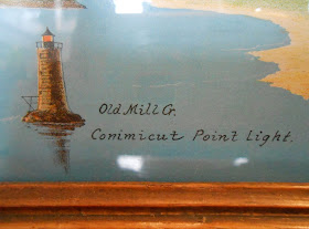 A detail shot of an illustration of a lighthouse, captioned "Old Mill G. Conimicut Point light."