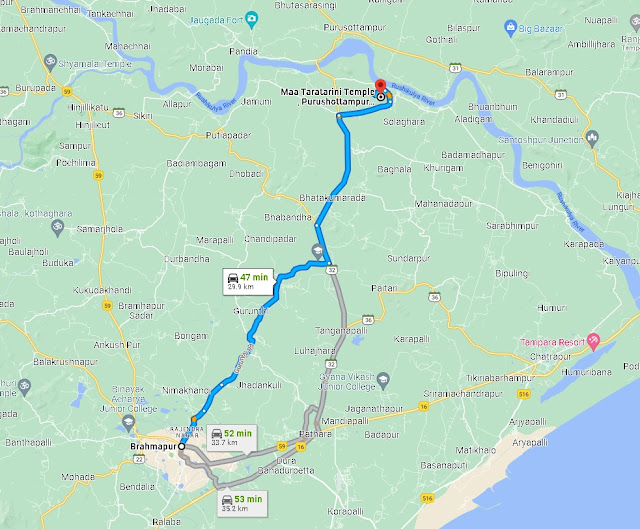 Road route to reach Tara Tarini Temple - Route Map