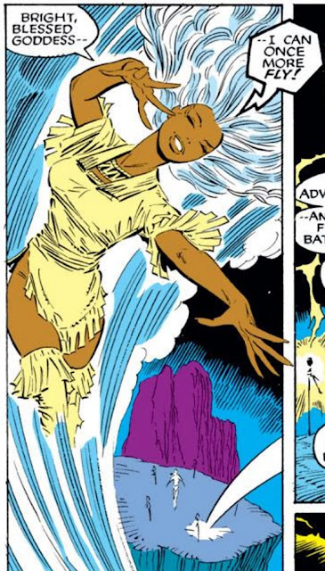 Storm, dressed in a short fringed dress, soars through the air. Her dialogue reads, 'Bright blessed goddess--I can once more fly!'