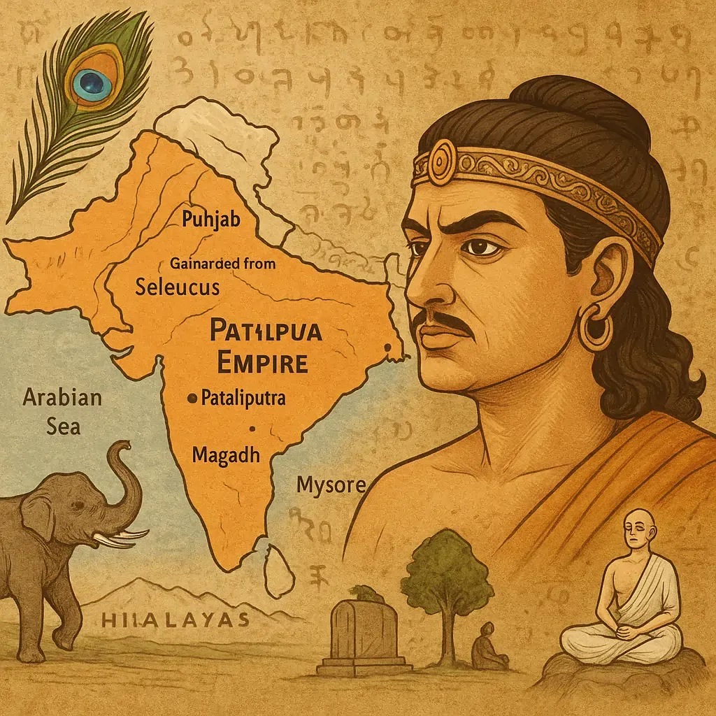 Illustration of Chandragupta Maurya with Maurya Empire map, showing conquests, Pataliputra capital, Jain monk, and ancient Indian symbolism
