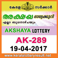 Kerala Lottery Results 19-04-2017 AKSHAYA Lottery Result AK-289