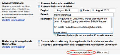 Gmail -Out of Office-Nachricht in das freie Textfeld eintragen und Änderungen speichern klicken