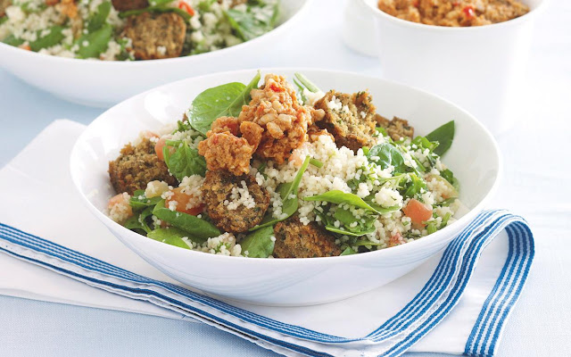 Falafel and tabouli couscous in a serving bowl