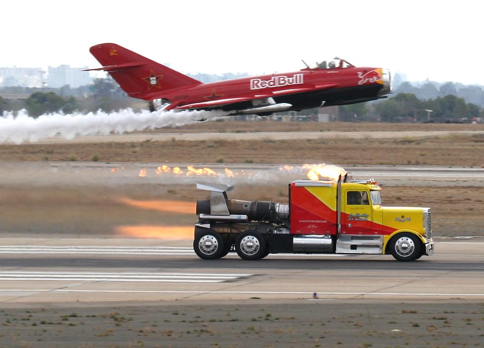 This video shows a close race between Jet and a Truck