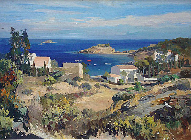 Vista de Cadaqués,  Cadaqués Pintada, Paisajes de Cadaqués, Ezequiel Torroella, Cadaqués en pintura, Pintura Catalana, Pintores españoles, Pintura española