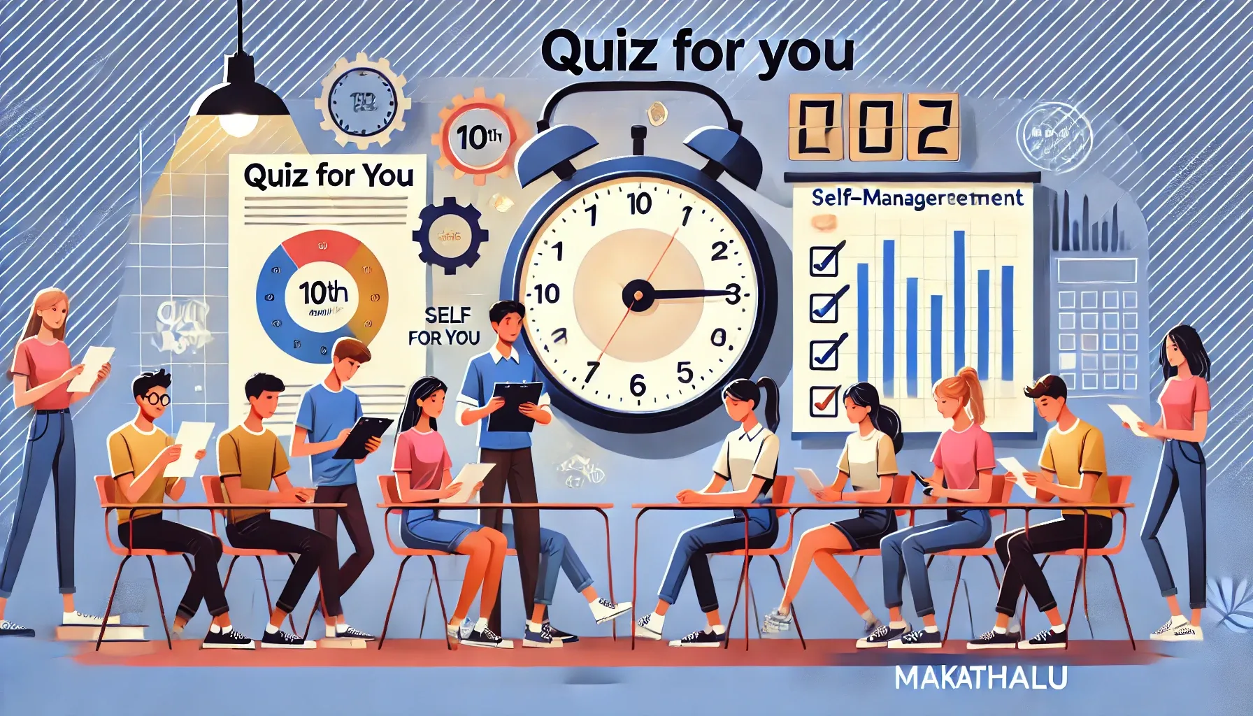 A group of 10th-grade students participating in an interactive quiz on ICT and self-management skills. The background features educational elements like a clock, a checklist, and a progress graph, representing productivity and goal achievement. The heading 'QUIZ for You' is displayed at the top, with a watermark 'MaKathalu' at the bottom right corner.