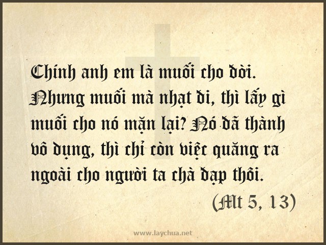 Chính anh em là muối cho đời. Nhưng muối mà nhạt đi, thì lấy gì muối cho nó mặn lại? Nó đã thành vô dụng, thì chỉ còn việc quăng ra ngoài cho người ta chà đạp thôi. (Mt 5, 13)