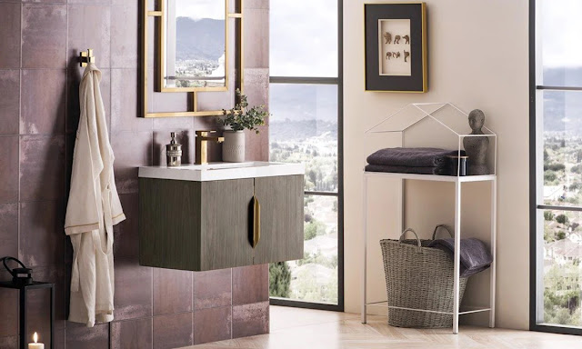 Floating vanity on a tiled wall in an airy and modern bathroom.