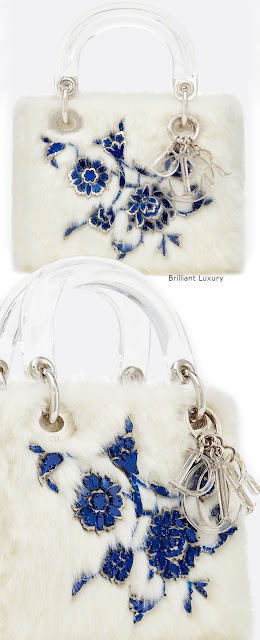 ♦Lady Dior bag, optic white color faux fur embroidered with metallic and blue flowers, designer Burçak Bingöl