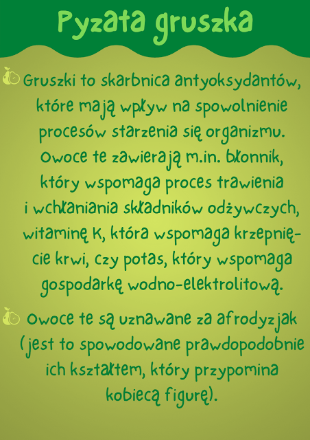 Plakat zawiera napis: Witaminowe przyjęcie oraz drugą część ciekawostek na temat gruszki