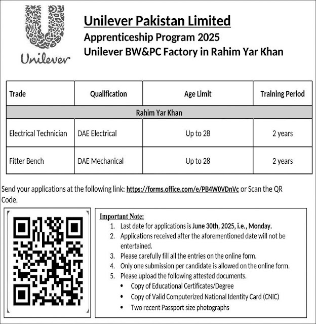 Unilever Pakistan Limited Rahim Yar Khan Apprenticeship Program 2025