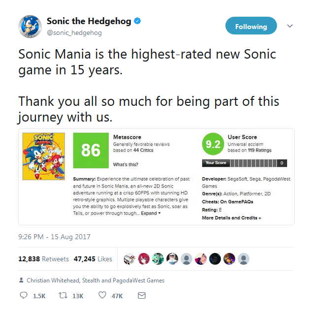 Sonic the Hedgehog Twitter Sonic Mania Metacritic Metascore pinned tweet