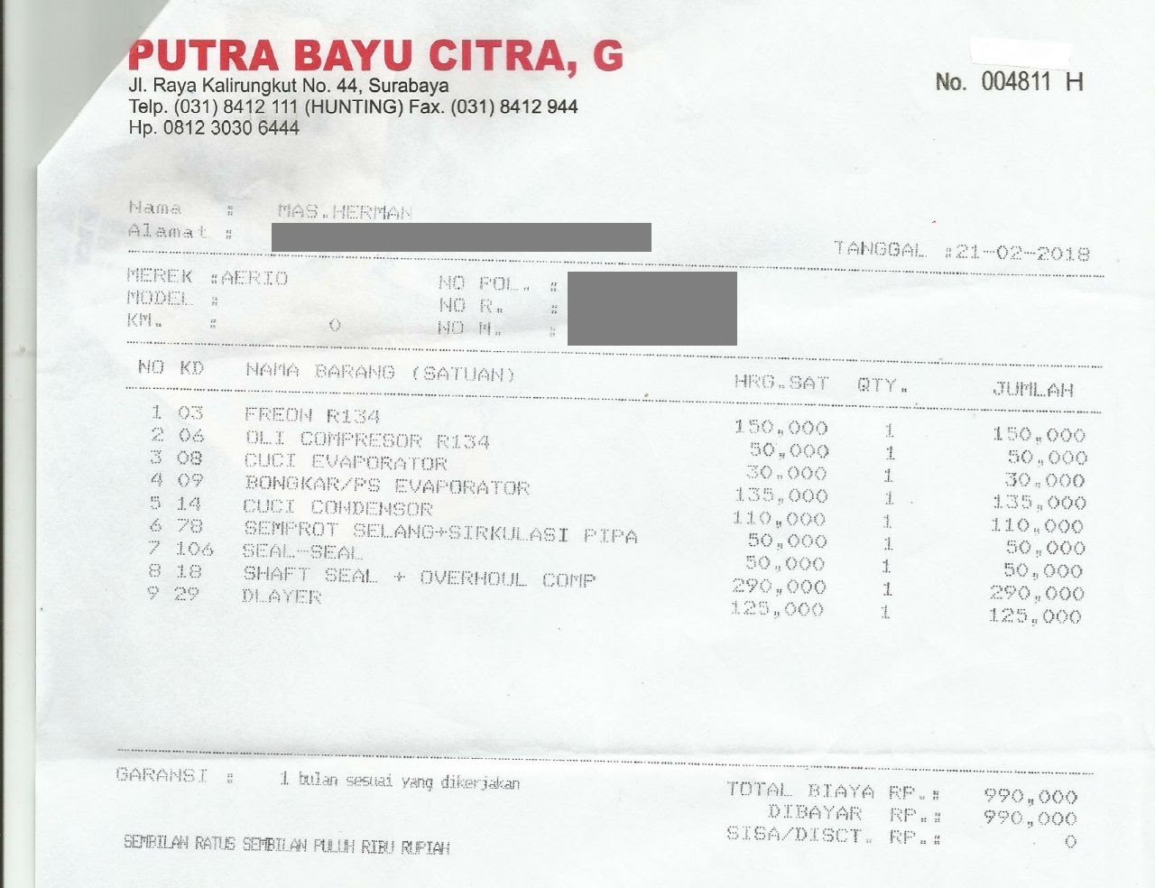 Share Biaya Service AC Aerio Di Putra Bayu Rungkut Surabaya Herman