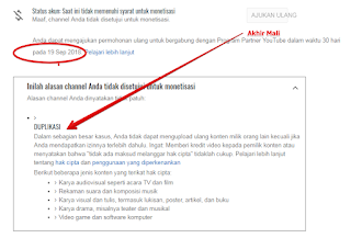 Ajukan ulang monetisasi youtube 19 Sep 2018