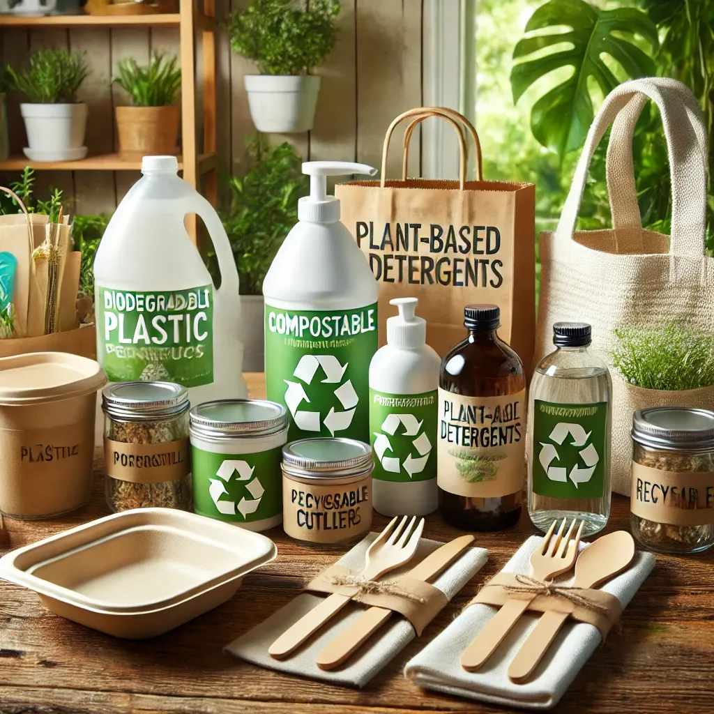 Eco-friendly products like biodegradable plastics and plant-based detergents.