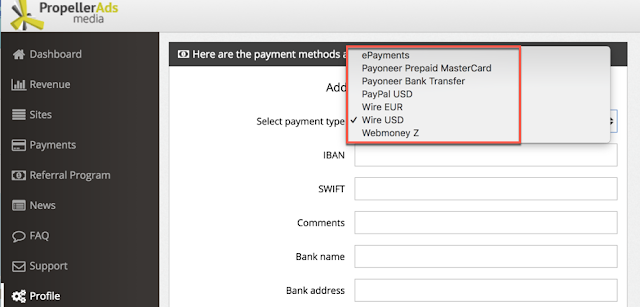 propellerads payment methods