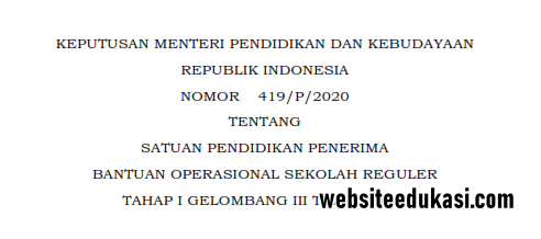 Kepmendikbud 419/P/2020 Sekolah Penerima BOS Tahap 1 Gelombang 3