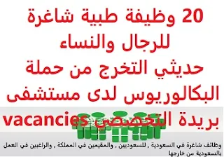 وظائف السعودية 20 وظيفة طبية شاغرة للرجال والنساء حديثي التخرج من حملة البكالوريوس لدى مستشفى بريدة التخصصي vacancies 20 وظيفة طبية شاغرة للرجال والنساء حديثي التخرج من حملة البكالوريوس لدى مستشفى بريدة التخصصي vacancies  أعلن مستشفى بريدة التخصصي, عن توفير 20 وظيفة طبية شاغرة لديه للرجال والنساء, حديثي التخرج, من حملة البكالوريوس, وذلك لوظيفة ممرض، من خلال برنامج تمهير للتدريب على رأس العمل المؤهل العلمي: بكالوريوس تمريض الخبرة: غير مشترطة للتقدم إلى الوظيفة اضغط على الرابط هنا وسيبقى التسجيل للوظائف متاحاً لغاية يوم الخميس 2020/08/20م  أنشئ سيرتك الذاتية    أعلن عن وظيفة جديدة من هنا لمشاهدة المزيد من الوظائف قم بالعودة إلى الصفحة الرئيسية قم أيضاً بالاطّلاع على المزيد من الوظائف مهندسين وتقنيين محاسبة وإدارة أعمال وتسويق التعليم والبرامج التعليمية كافة التخصصات الطبية محامون وقضاة ومستشارون قانونيون مبرمجو كمبيوتر وجرافيك ورسامون موظفين وإداريين فنيي حرف وعمال