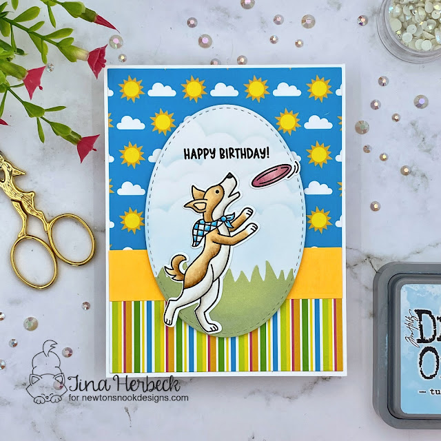 Happy Birthday Dog Card by Tina Herbeck | Dog Park Stamp Set, Oval Frames Die Set, Land Borders Die Set, Clouds Stencil and Summertime Paper Pad by Newton's Nook Designs #newtonsnook