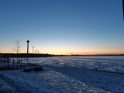 Talvinen Näsijärven ranta ja Särkänniemi