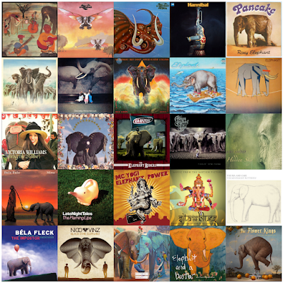 Mosaic of 25 album covers with elephants on them.