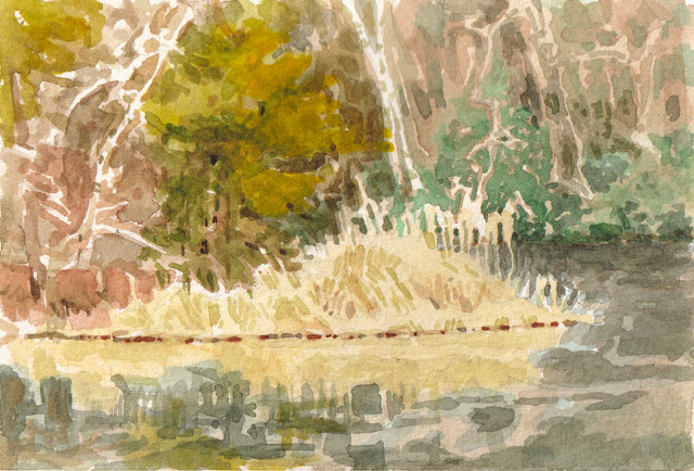 watercolor sketch of peninsula with yellowish grasses and cattails reflected in gray, semi-frozen pond.