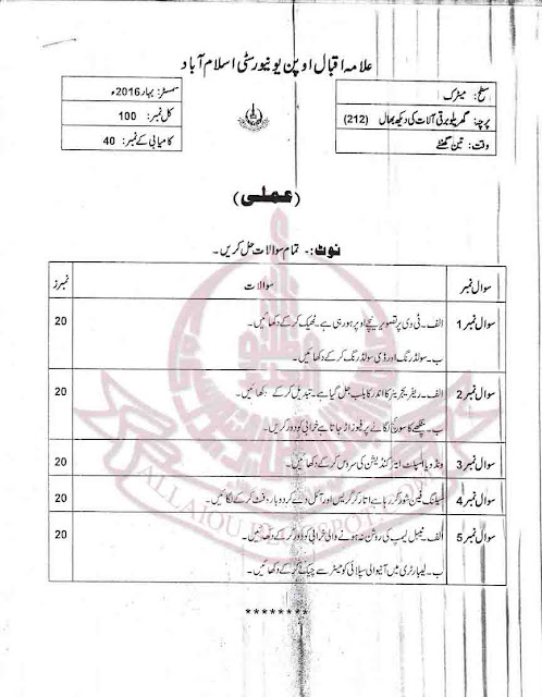 AIOU Poultry Farming code 212 Old Paper Matric