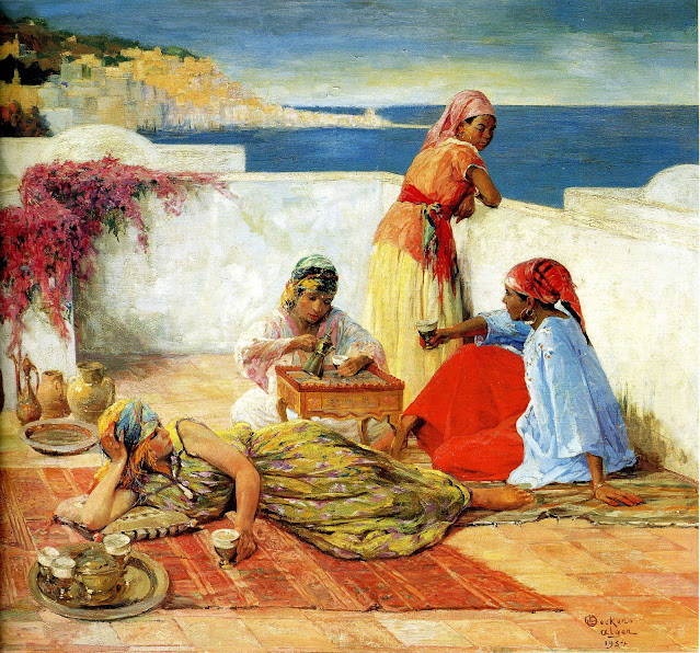 Le café sur les terrasses. Alger - Émile Deckers (Belge - 1885-1968) - Huile sur toile - 82 x 91cm