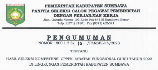 Pengumuman Hasil Seleksi PPPK Guru Kabupaten Sumbawa Provinsi Nusa Tenggara Barat (NTB) Tahun 2022-2023