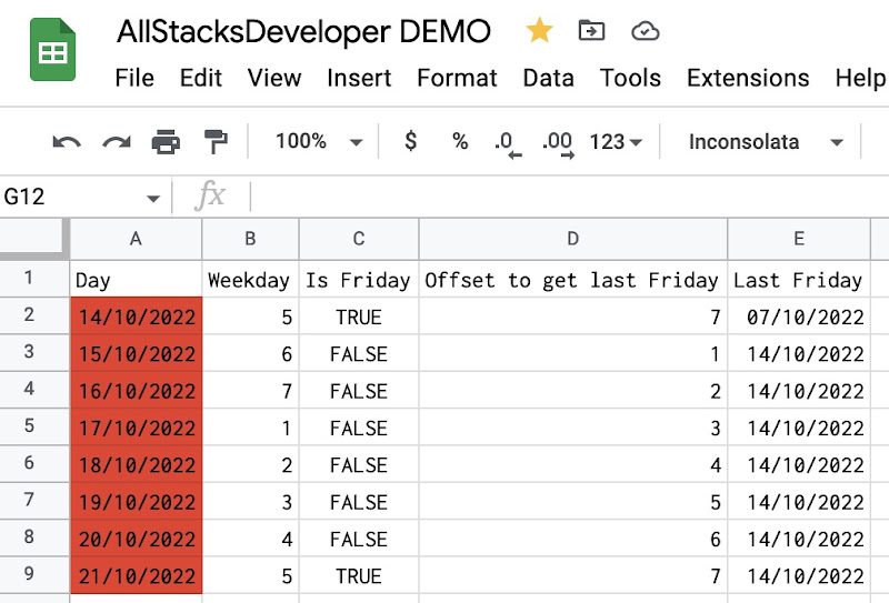 Use WEEKDAY function in Google Sheets to find last Friday