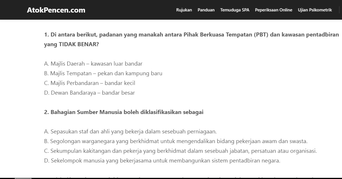 Koleksi Contoh Soalan Terbaik Peperiksaan Online SPA Dan 