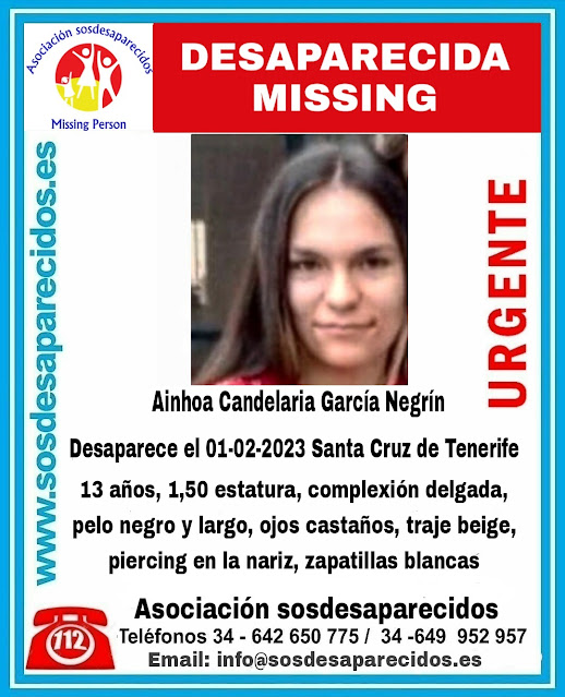 Buscan a Ainhoa Candelaria García Negrín. menor desaparecida de 13 años en Tenerife