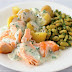 Salmon with new potatoes, flageolet beans, and parsley sauce